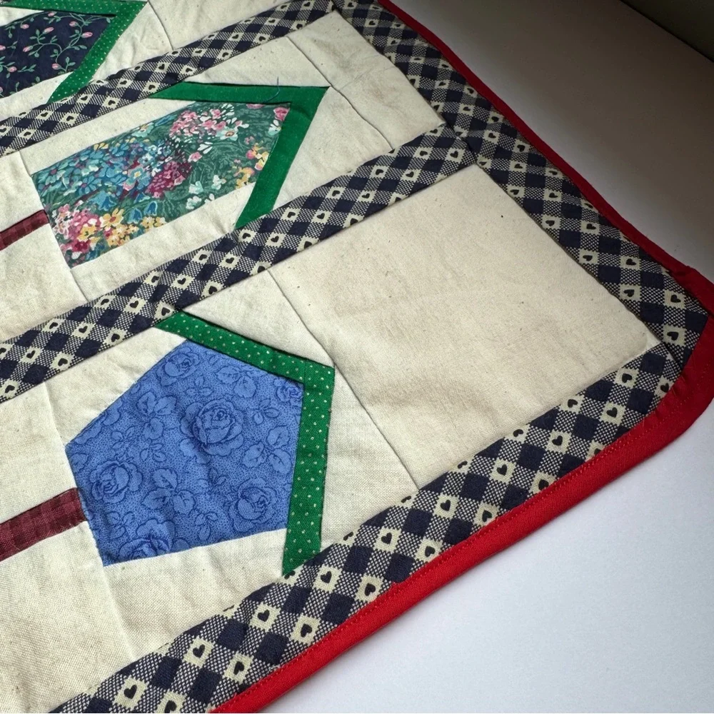 Vintage Handmade Patchwork Quilted Placemat Bird House red blue cottage rustic